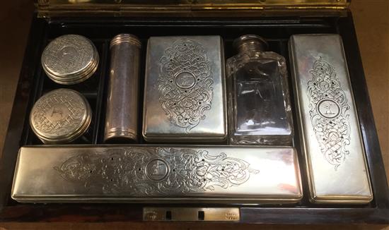 Victorian burr walnut & brass bound gentlemans travelling necessaire / vanity case & jars